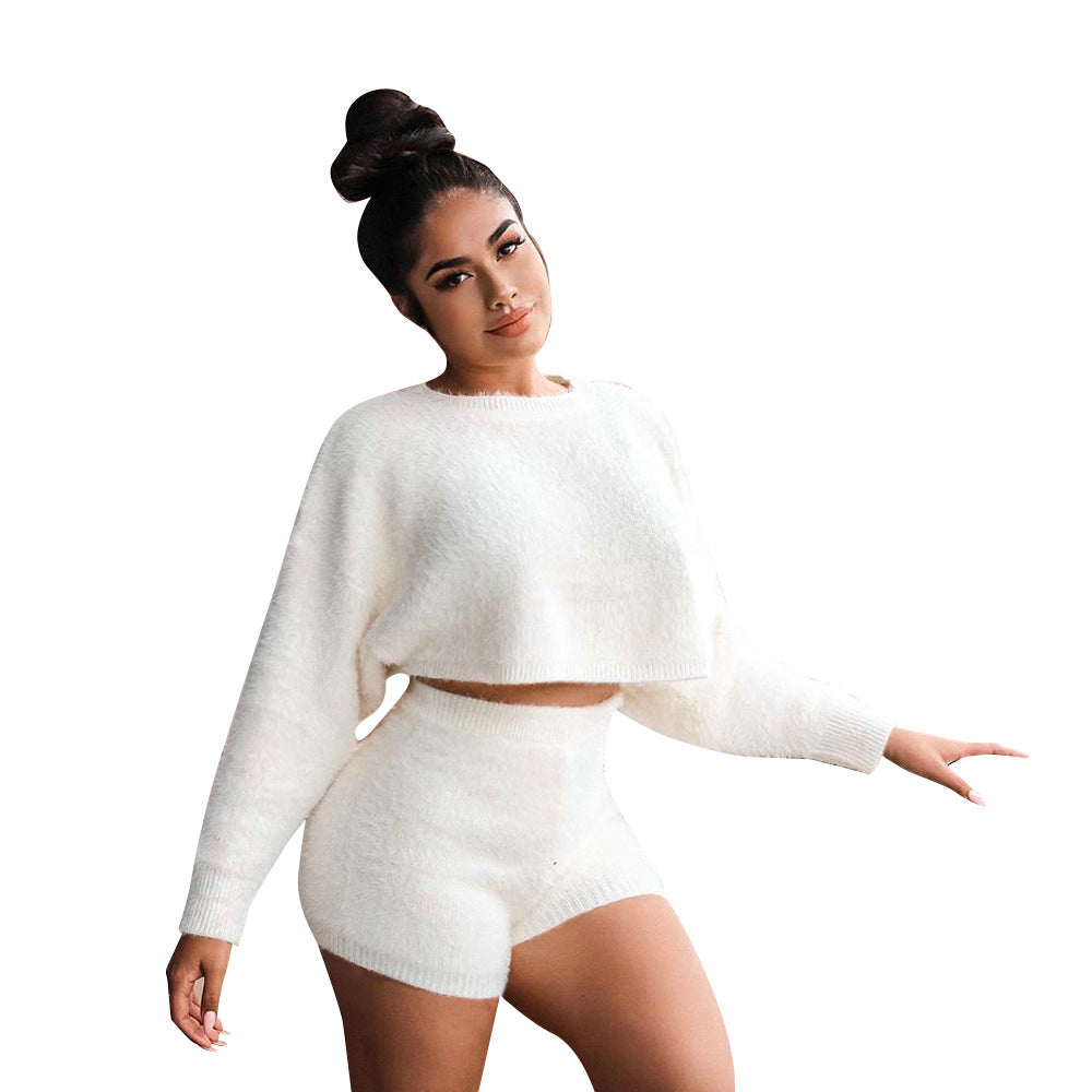 Fuzzy Long Sleeve Crop Top And Shorts Set