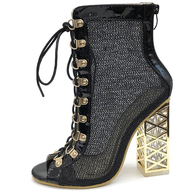 IBADDIE Gold Heel Peep Toe Lace Up Booties Black