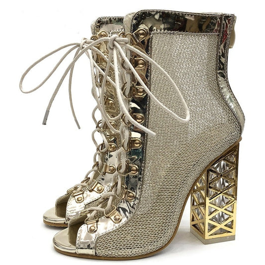 IBADDIE Gold Heel Peep Toe Lace Up Booties 2