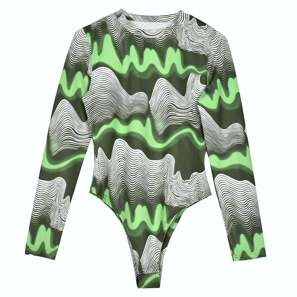 Abstract Long Sleeve Green Toned Bodysuit