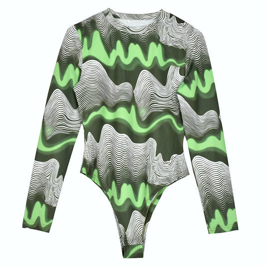 Abstract Long Sleeve Green Toned Bodysuit