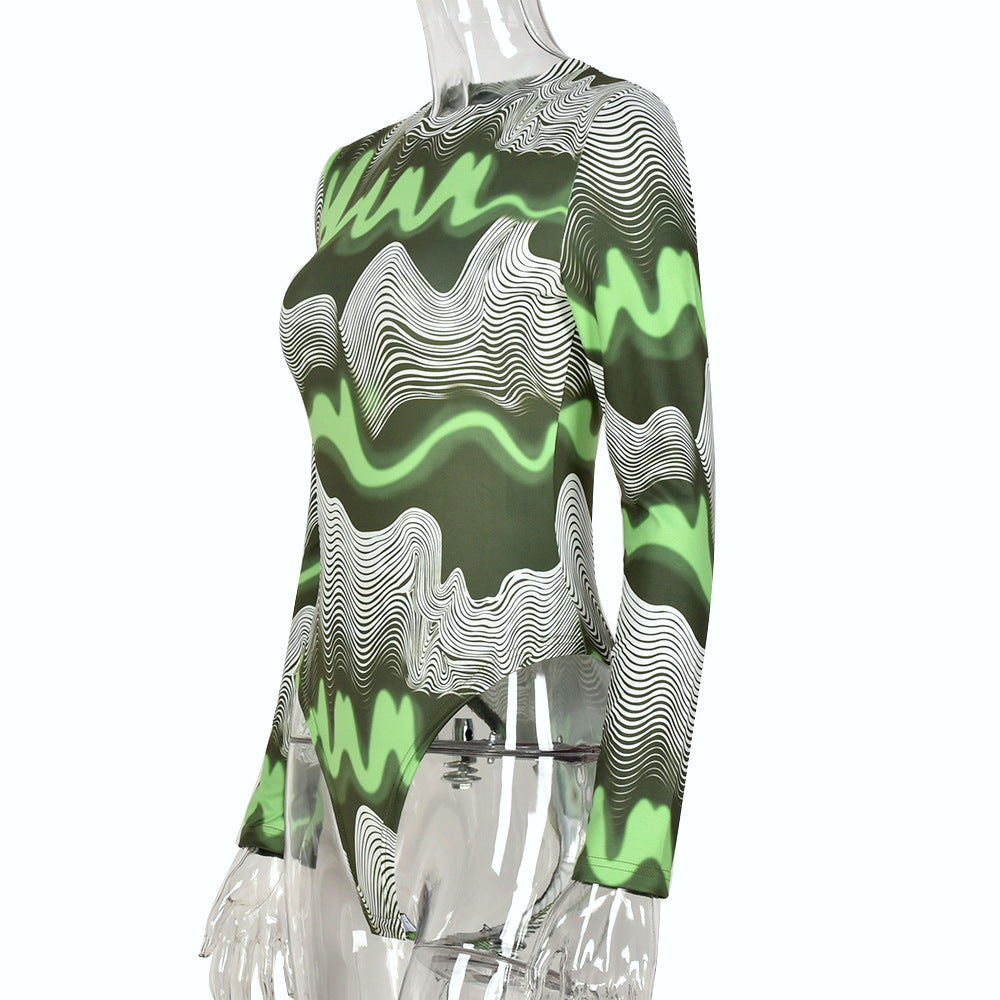 Abstract Long Sleeve Green Toned Bodysuit