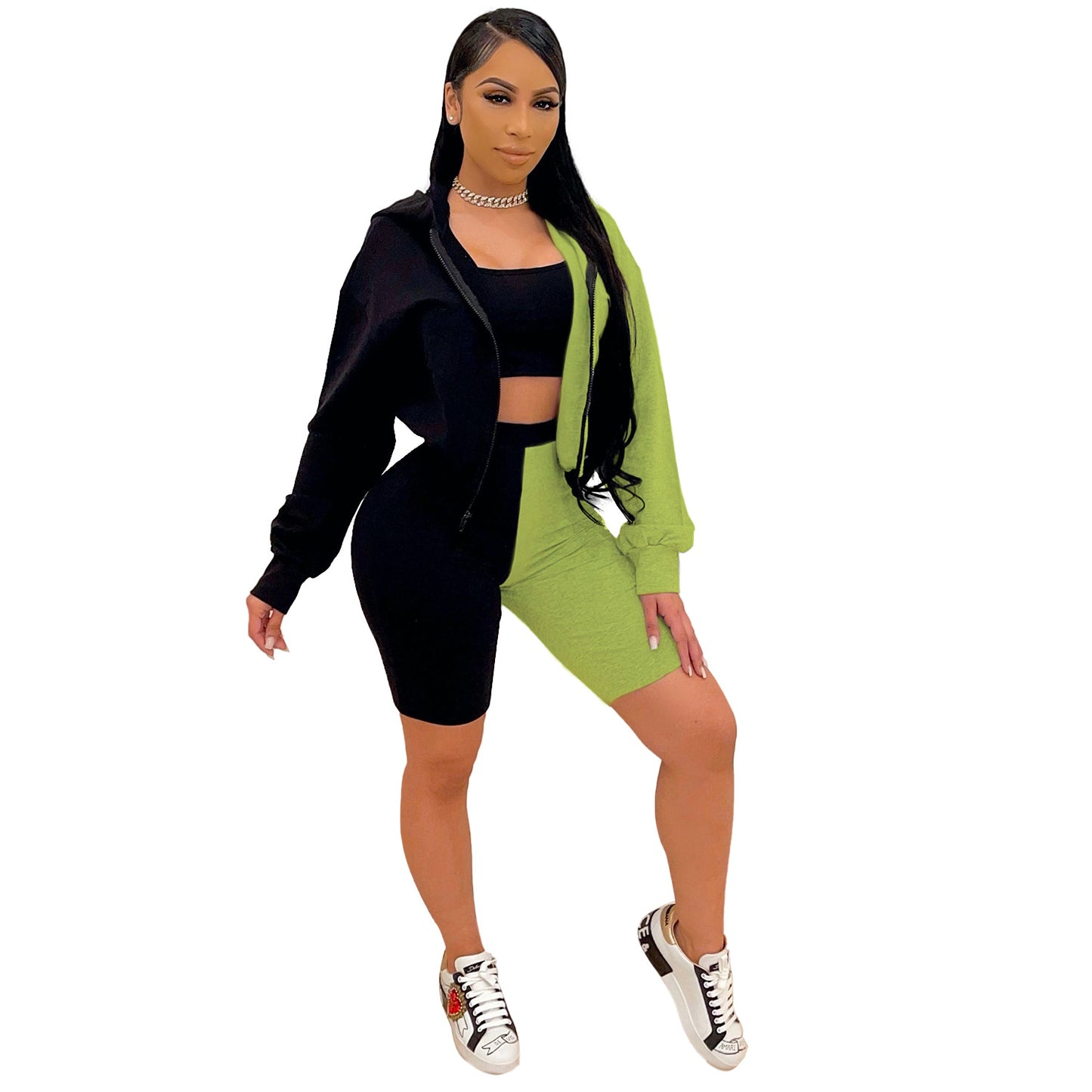 Two Toned Biker Shorts and Hoodie Set