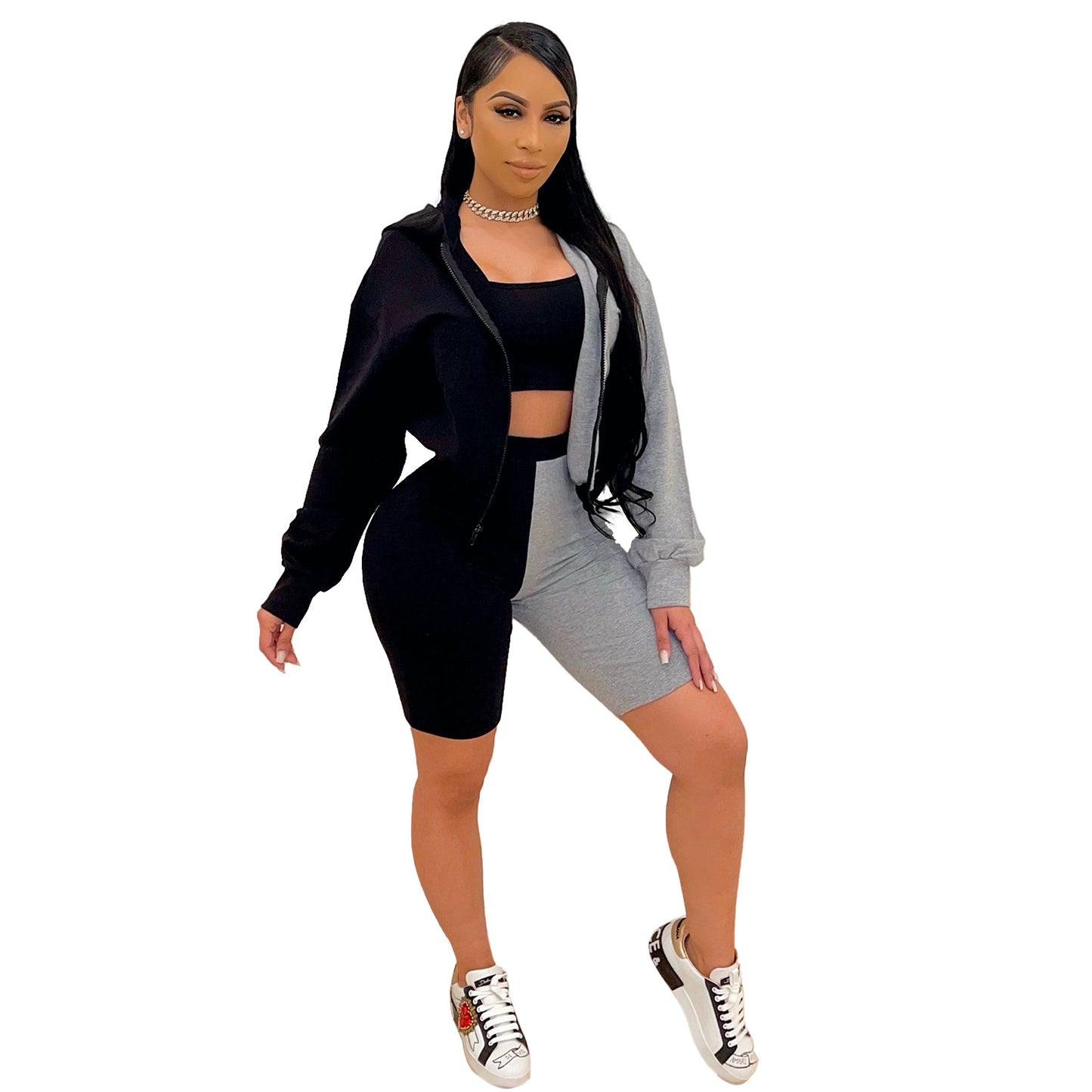 Two Toned Biker Shorts and Hoodie Set