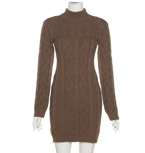 Backless Turtleneck Knitted MIni Dress Brown