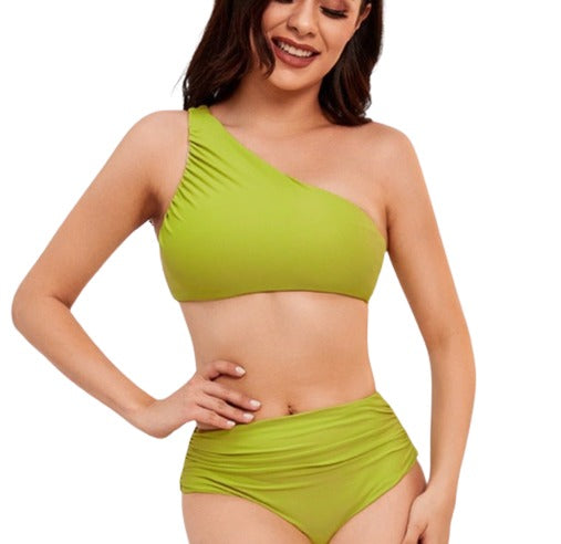 Lime One Shoulder High Waist Bikini Set