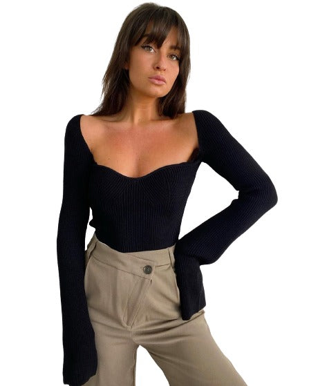 Long Sleeve Sweetheart Neckline Top Black