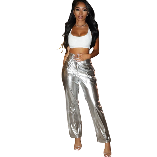 Metallic Faux Leather High Waist Pants