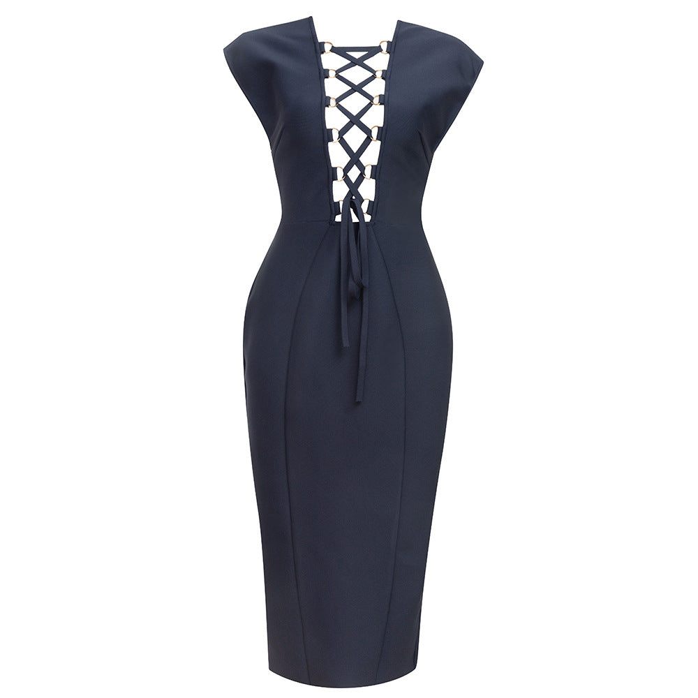 Navy Plundge Backless Midi Dress