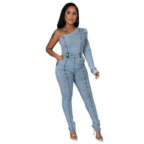 One Shoulder Demin Jumpsuit