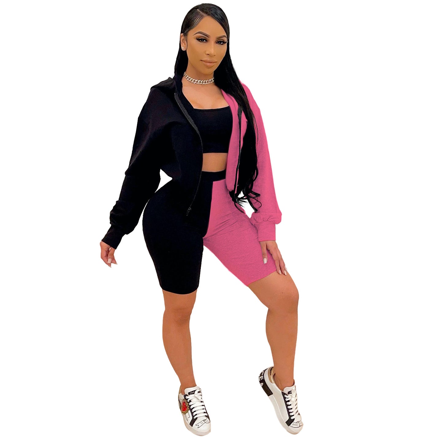 Two Toned Biker Shorts and Hoodie Set