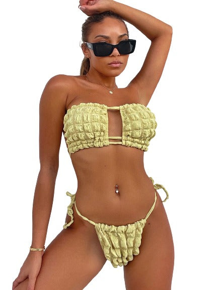 Pleated Lemon Yellow Bikini Set