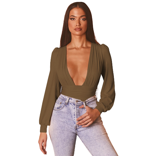 Plunge Neck Lantern Sleeve Bodysuit