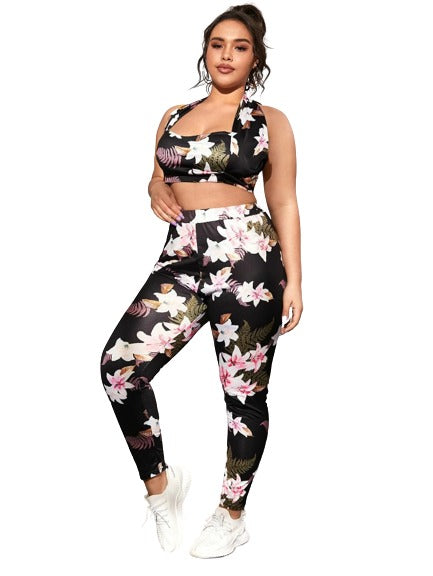 Plus Floral Halter Top And Leggins Set