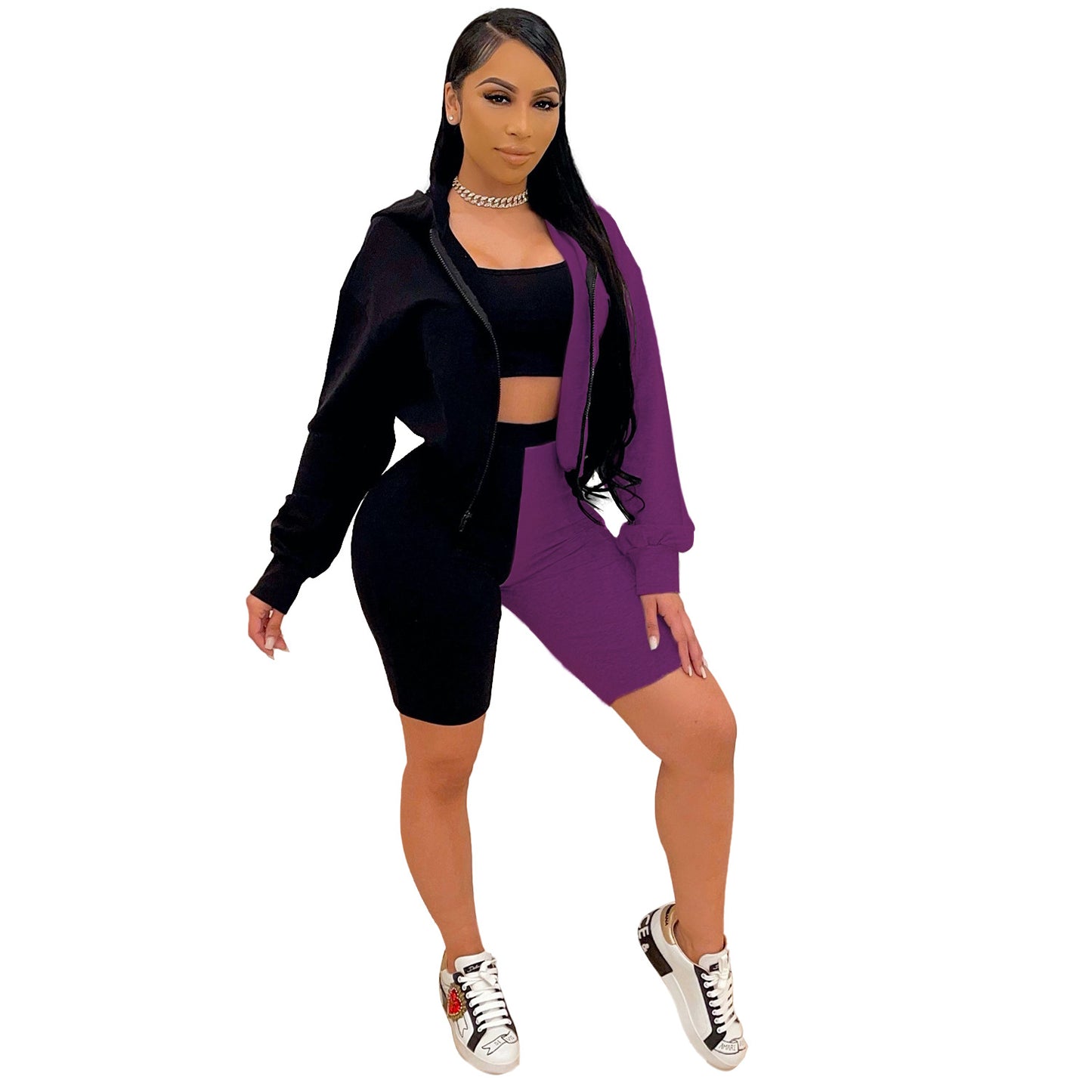 Two Toned Biker Shorts and Hoodie Set