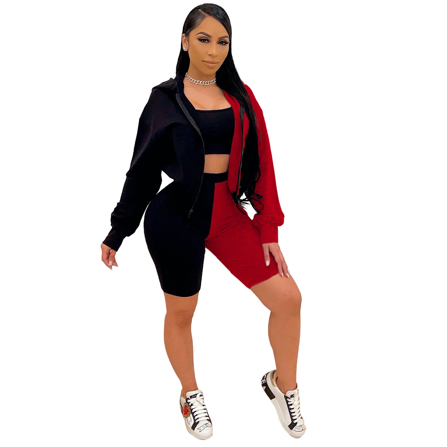 Two Toned Biker Shorts and Hoodie Set