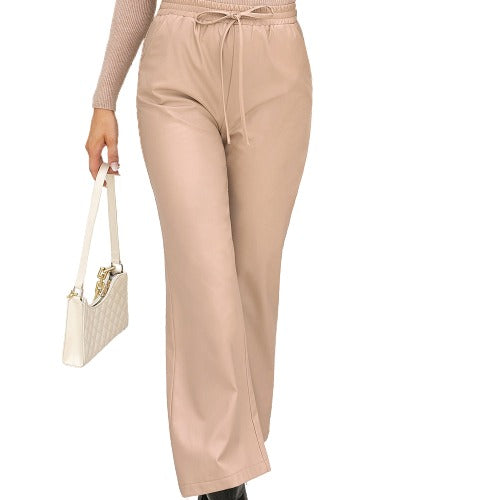 Wide Leg PU Leather Drawstring Pants