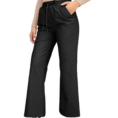 Wide Leg PU Leather Drawstring Pants