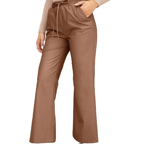 Wide Leg PU Leather Drawstring Pants