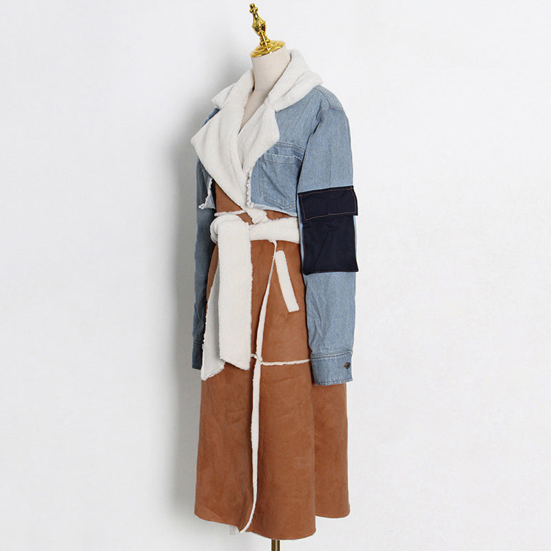 Long Shearling And Denim Patchwork Coat