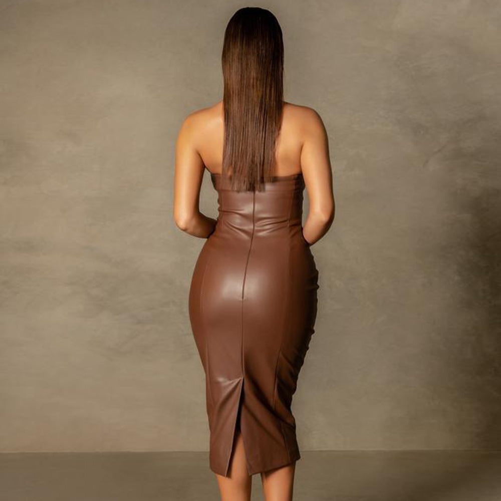 Faux Leather Midi Tube Dress