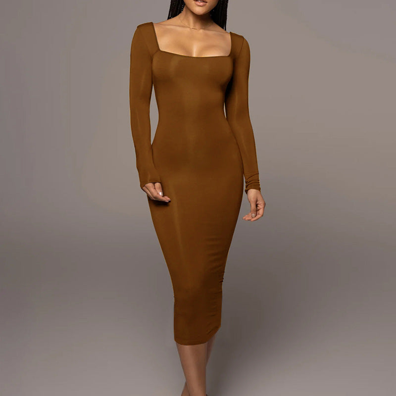 Square Neck Long Sleeve Bodycon Dress