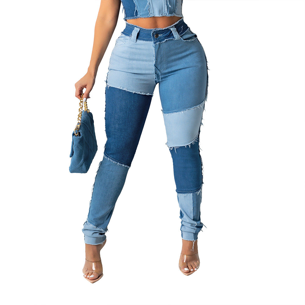 Patchwork High Waist Fringe Jeans