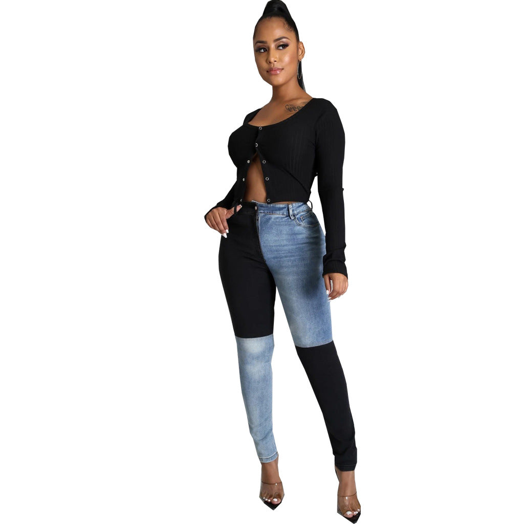 Two Tone Stretch Skinny Denim Pants