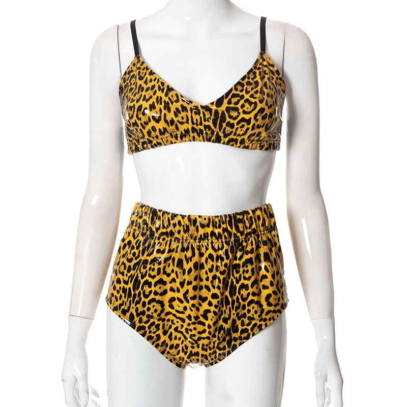 Leopard Print Puffer With Shorts and Bikini Top