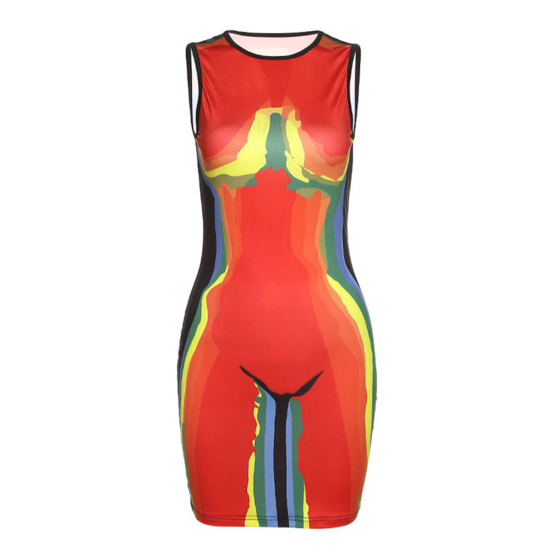 Sleeveless Contrast Color Body Print Dresss