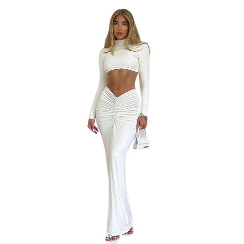 High Collar Crop Top And Ruched Skirt Set