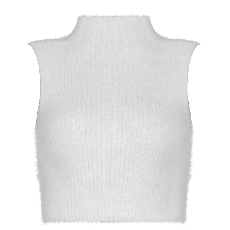 White Plush Knitted Sleeveless Tank Top