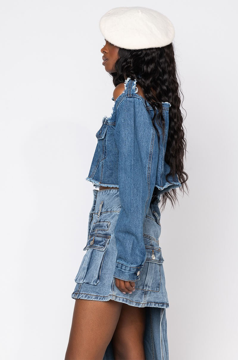 Distressed Open Shoulder Denim Jacket