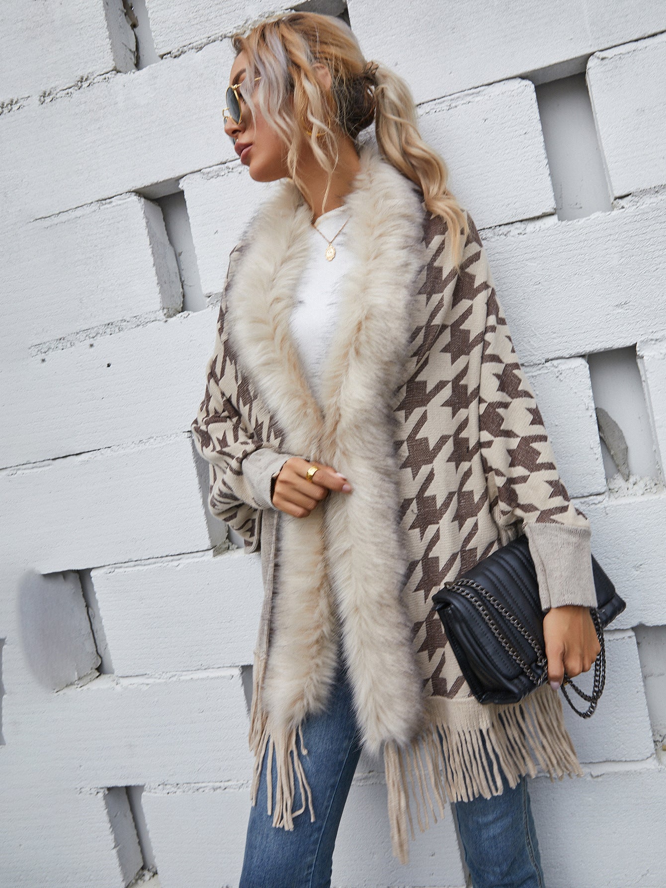 Faux Fur Trimmed Houndstooth Poncho Success