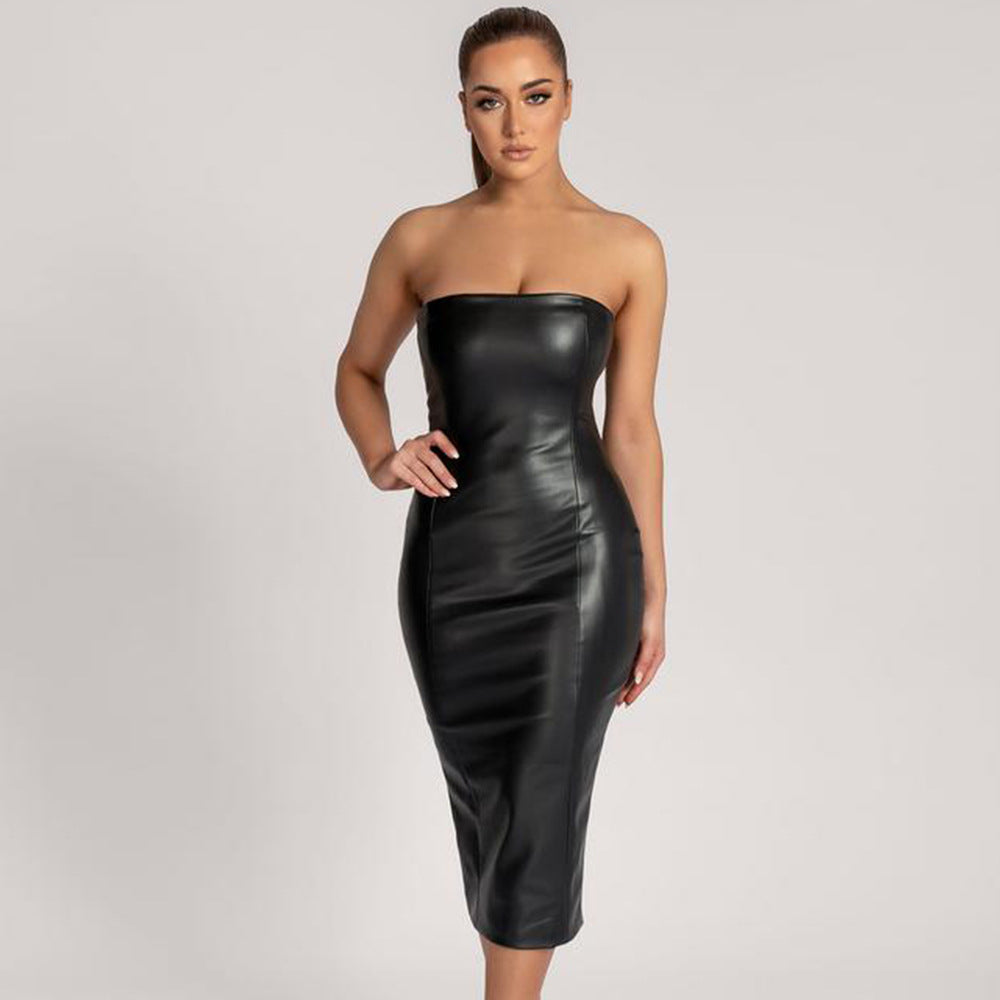 Faux Leather Midi Tube Dress