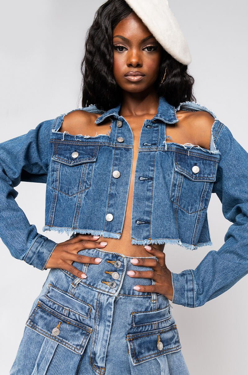 Distressed Open Shoulder Denim Jacket