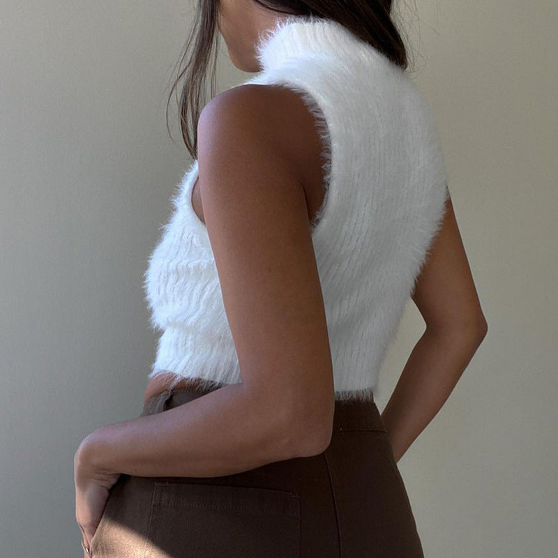 White Plush Knitted Sleeveless Tank Top