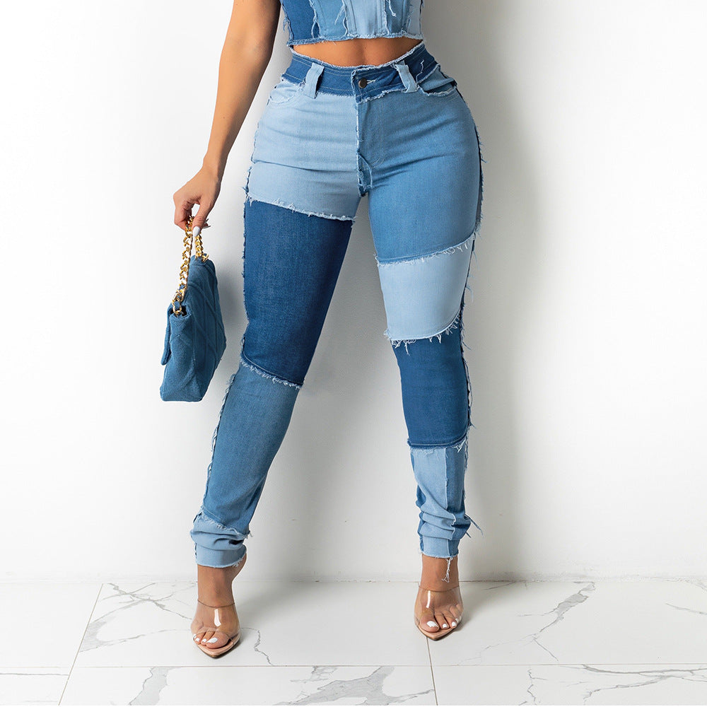 Patchwork High Waist Fringe Jeans