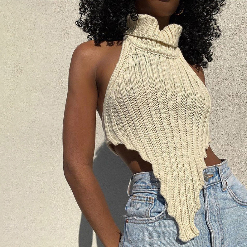 Backless Knitted Turtleneck Tank Top