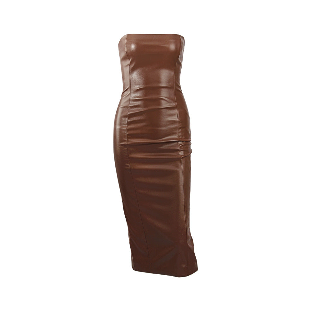 Faux Leather Midi Tube Dress