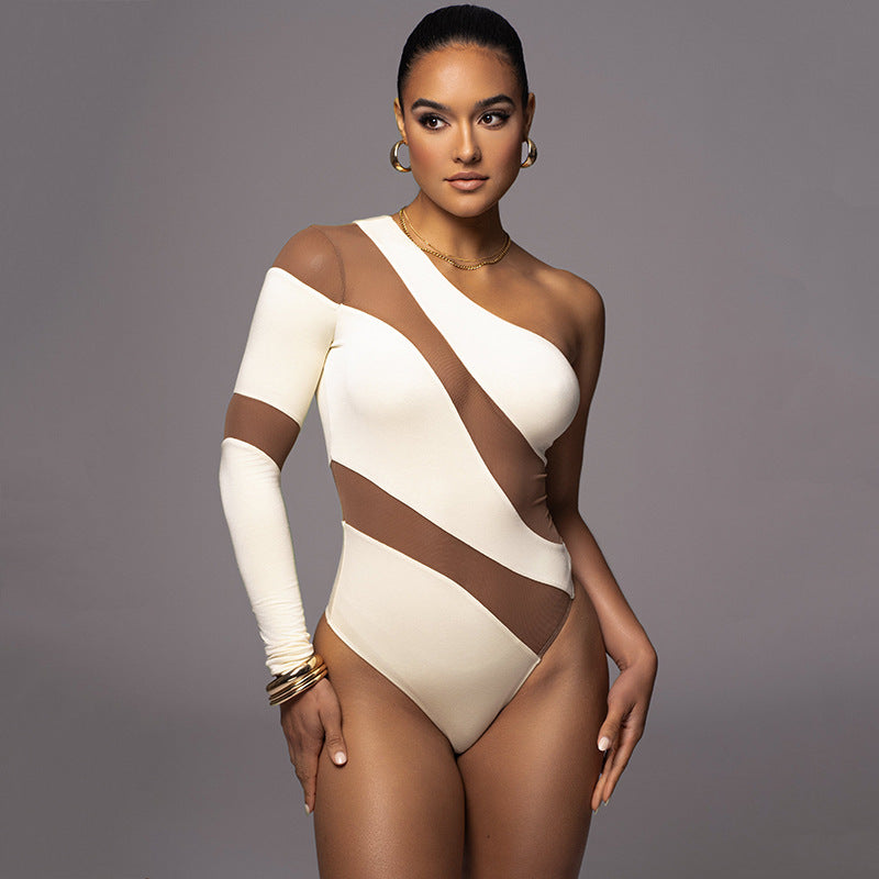 Sculpted See Through Mesh One-Shoulder Bodysuit