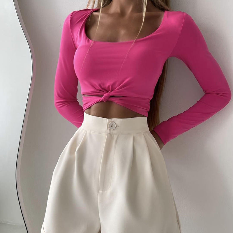 Long Sleeve Front Twist Crop T-Shirt