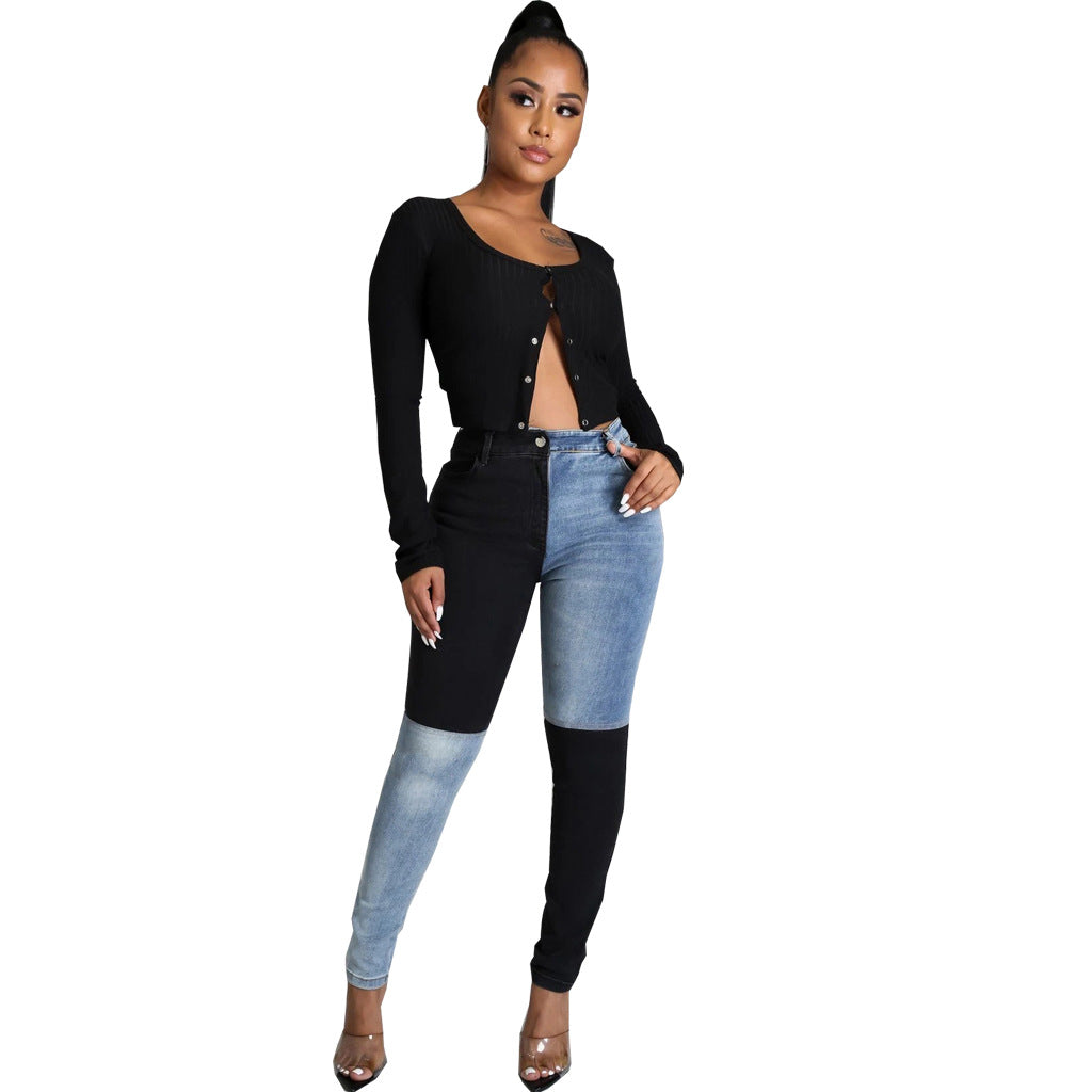 Two Tone Stretch Skinny Denim Pants