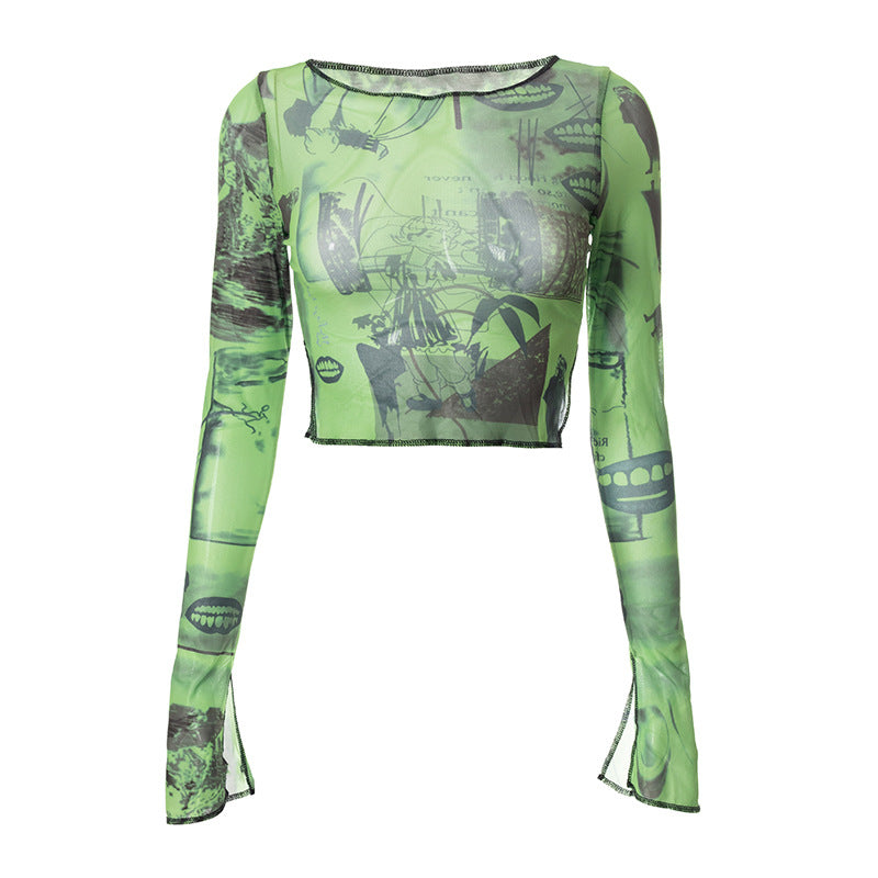 Green Graphic Print Bell Sleeve Top