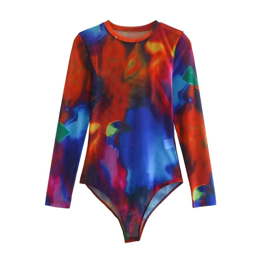 Mesh Round Neck  Tie Dye Bodysuit