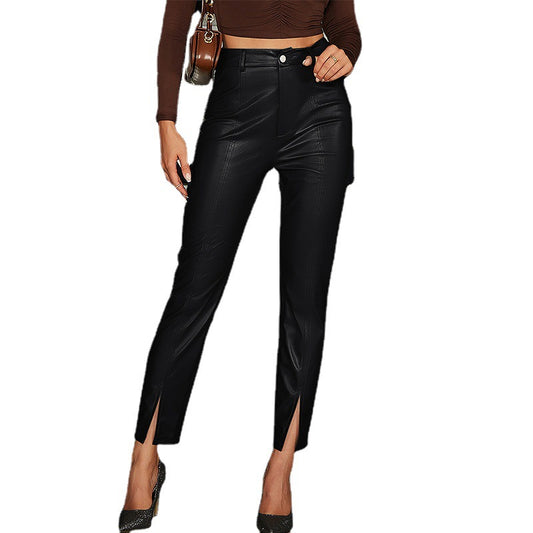 Front Split PU Leather Relaxed Fit Pants