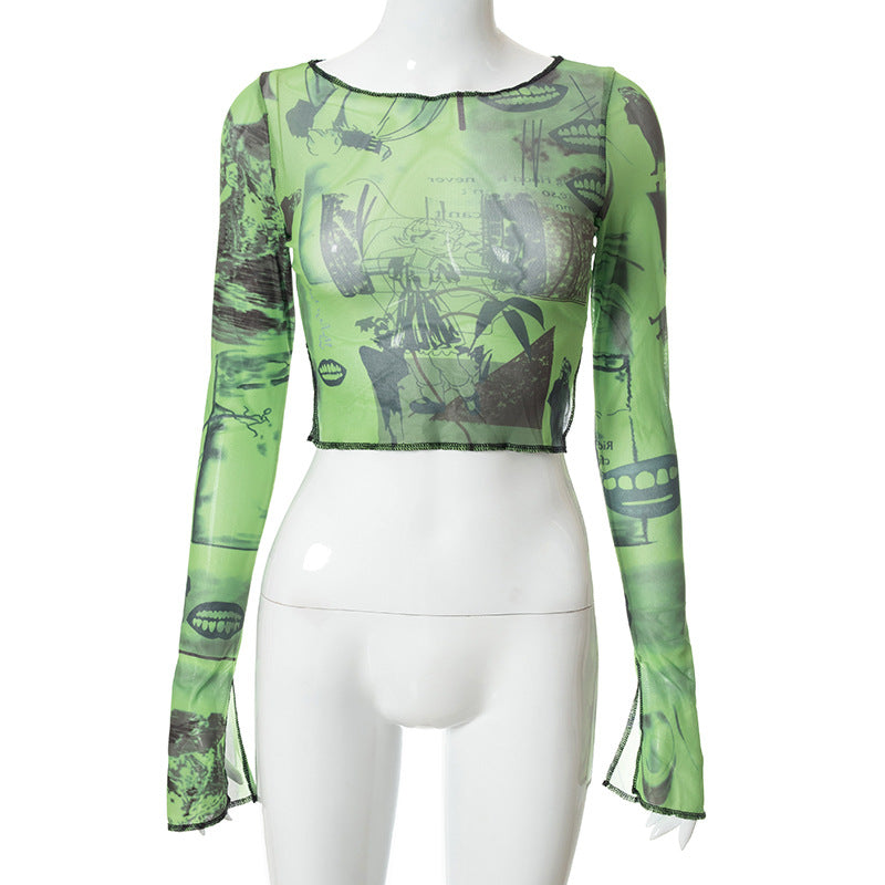 Green Graphic Print Bell Sleeve Top