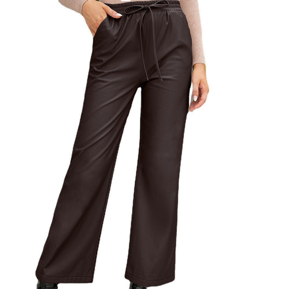 Wide Leg PU Leather Drawstring Pants