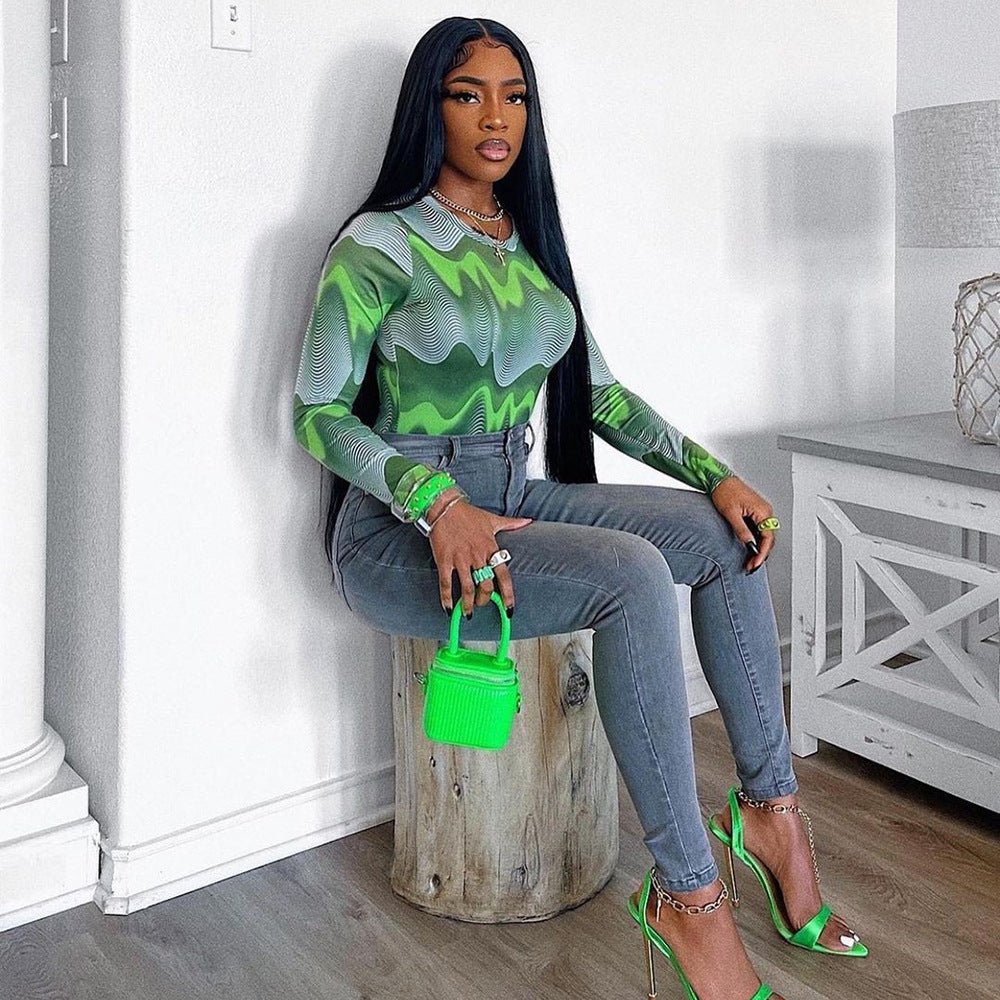 Abstract Long Sleeve Green Toned Bodysuit