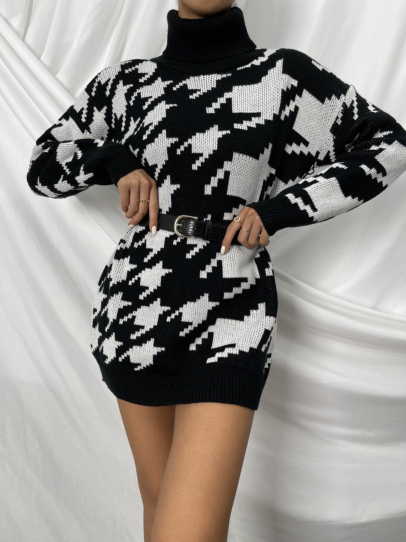 Black And White Turtleneck Sweater Dress